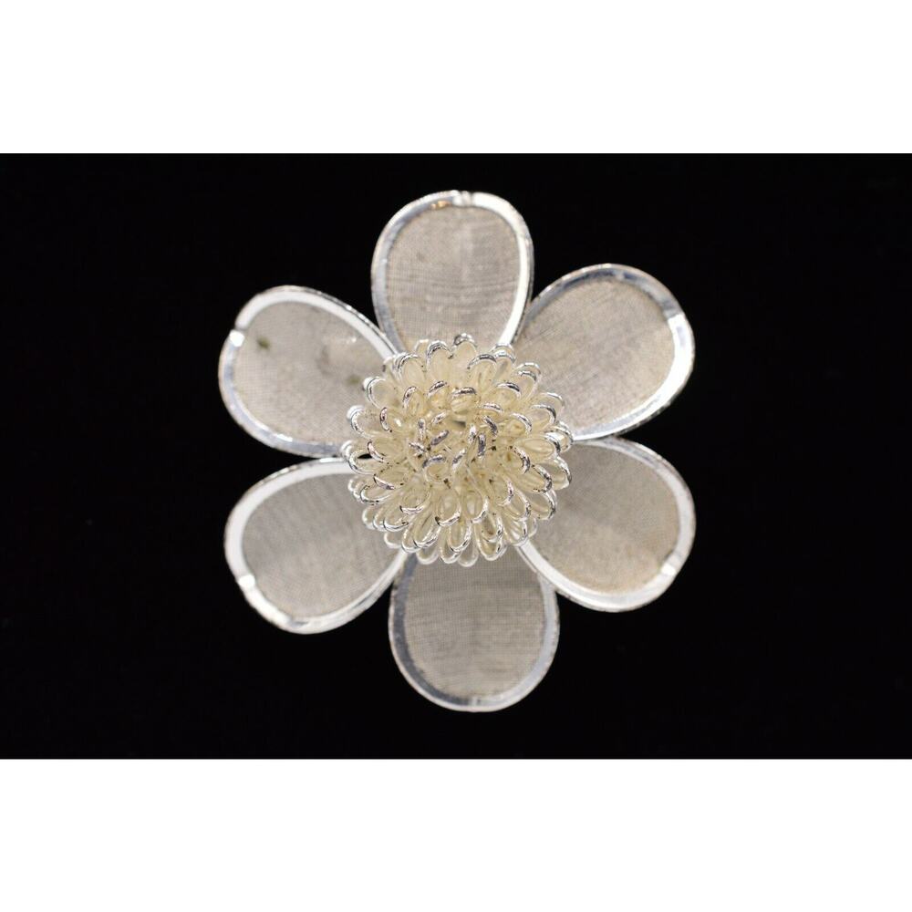 Vintage Flower Pin Brooch Mesh Petal Metal Silver Tone Spring Summer 1980s Bin7